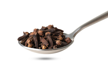 seasoning cloves in steel spoon isolated on white background