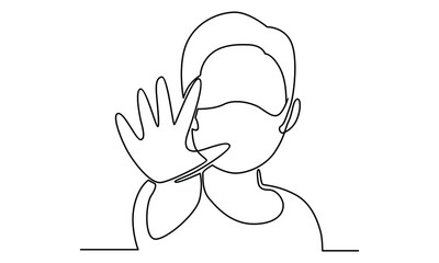 Continue line of boy wearing mask and showing his clean hand as sign to stop virus