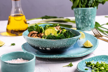 Gourmet salad mushrooms and broccoli and quinoa, Clean eating, dieting, vegan food concept. banner, catering menu recipe place for text,