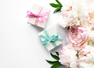Peonies and gift boxes