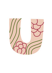 ABC. Latin althabet. Letter U. Floral boho style. Pink color palette. JPEG image.