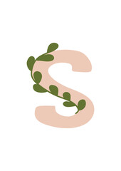 ABC. Latin althabet. Letter S. Floral boho style. Pink color palette. JPEG image.