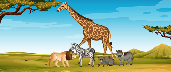 Group of wild african animal in the zoo scene