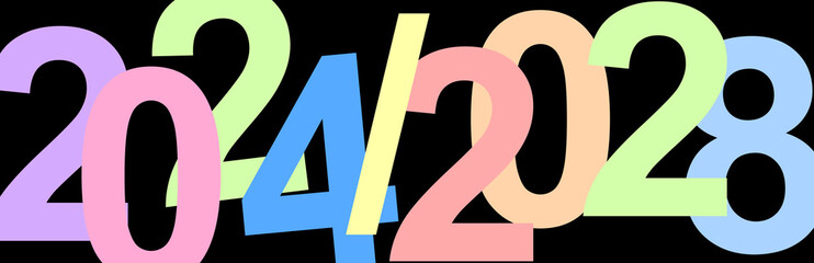 A time. Decade of the 20s of the 21st century. Illustration with the dates of the years 2024 and 2028. Colorful graphic with soft colors and strong contrast with elegant black background. 4 years.