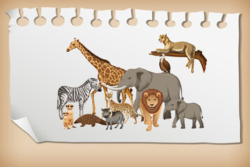 Group of wild african animal on paper