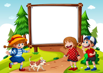 Blank banner with three kids in nature scene