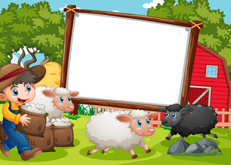 Blank banner in farm scene with a boy and many sheeps