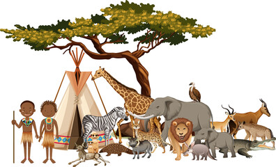 Afrikanischer Stamm mit einer Gruppe wilder afrikanischer Tiere auf weißem Hintergrund © blueringmedia