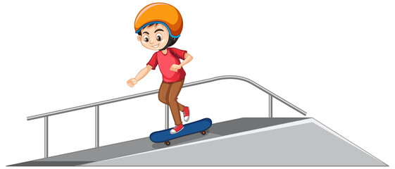 Fototapeta premium Boy wearing helmet playing skatboard on the ramp on white background