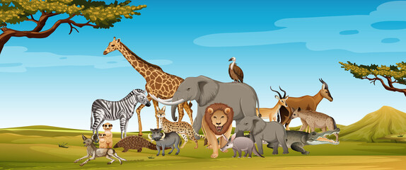 Gruppe wilder afrikanischer Tiere in der Waldszene © blueringmedia