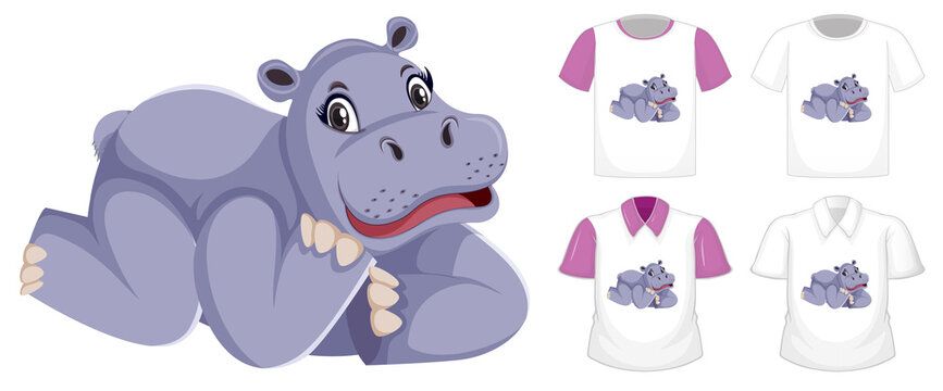 Set of different shirts with hippopotamus cartoon character isolated on white background