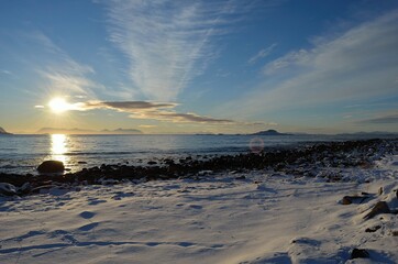 majestic sunset and sea fog in early spring