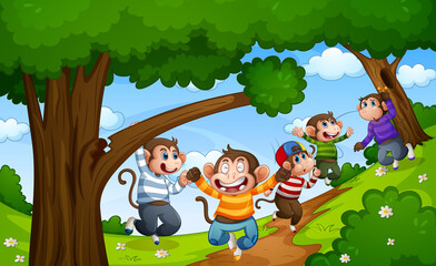 Five little monkeys jumping in the forest scene