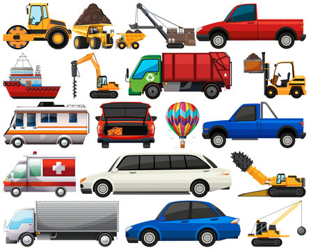 Set of different kind of cars and trucks isolated on white background