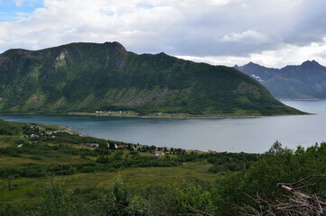 Fototapeta na wymiar green mountain valley and fjord landscape in Northern Norway, Senja,