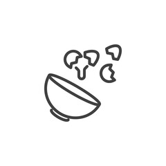 Adding egg into bowl line icon. linear style sign for mobile concept and web design. Baking and cooking outline vector icon. Symbol, logo illustration. Vector graphics