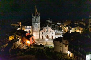 Italy, Sicily, Province of Messina, Novara di Sicilia. The village church at night, in the medieval hill town of Novara di Sicilia.