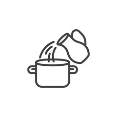 Pouring water into pan line icon. linear style sign for mobile concept and web design. Water jug and saucepan outline vector icon. Symbol, logo illustration. Vector graphics