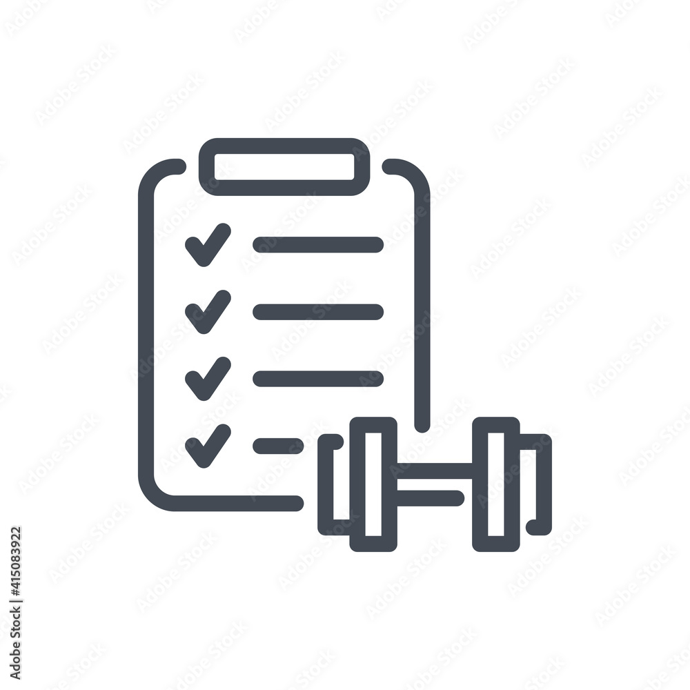Poster clipboard with checklist and dumbbell line icon. training and exercise schedule vector outline sign.
