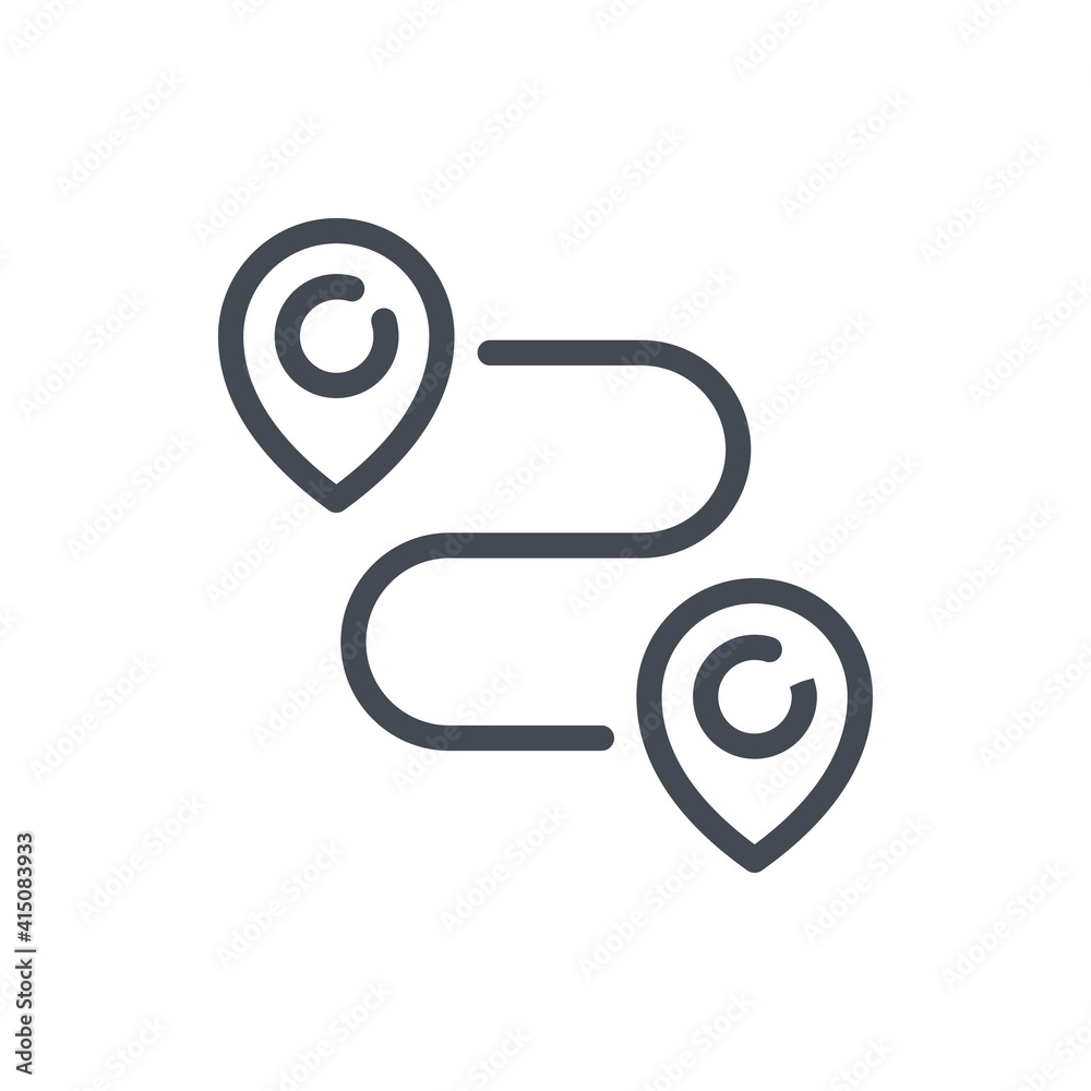 Poster path and distance line icon. two location markers with track vector outline sign.