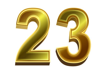 3d golden number 23 isolated on white background