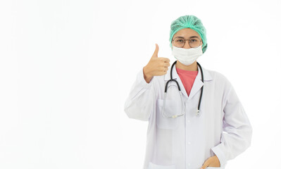 Portrait of Asian female doctor in white gown coat wearing protective hygiene mask rise hand thumbs up. Isolated on white background