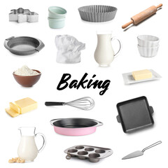 Set of kitchen utensils for bakery and products on white background