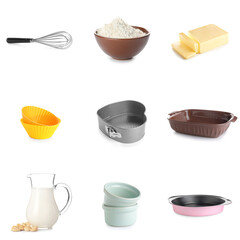 Set of kitchen utensils for bakery and products on white background