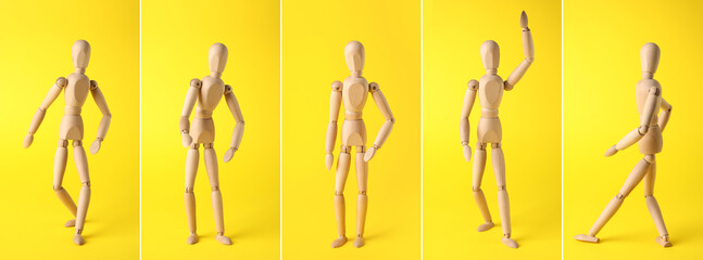 Collage of wooden mannequin on color background
