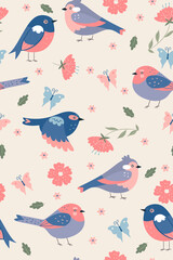 Cute spring birds seamless pattern. Vector graphics.
