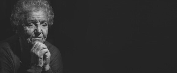 Senior woman praying to God on dark background