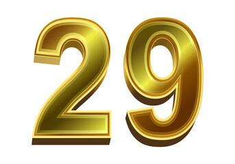 3d golden number 29  isolated on white background