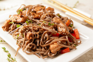 Plate with tasty soba noodles and meat on light background, closeup