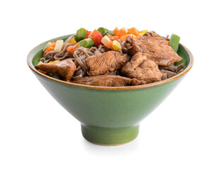 Bowl with tasty soba noodles and meat on white background