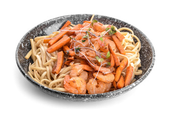 Plate with tasty noodles and shrimps on white background