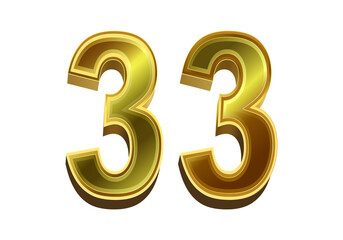 3d golden number 33  isolated on white background