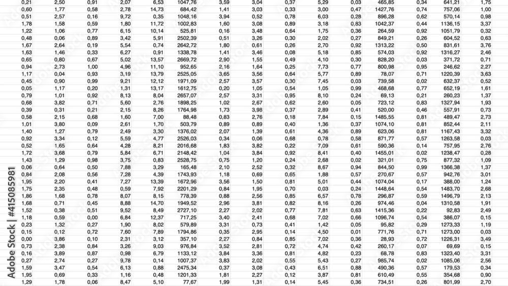 Wall mural complex spreadsheet with animated scrolling digital data. black numbers on white background. concept