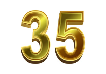 3d golden number 35  isolated on white background