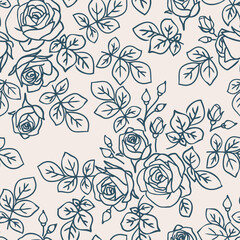 Seamless pattern with abstract garden roses, with stems, buds and leaves silhouette. Background with blossoming blue outline flowers. Vintage floral hand drawn wallpaper. Vector stock illustration.
