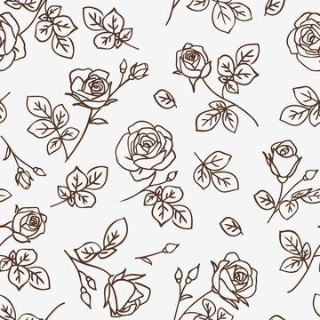 Seamless pattern with abstract garden roses, with stems, buds and leaves silhouette. Background with blossoming brown outline flowers. Vintage floral hand drawn wallpaper. Vector stock illustration.