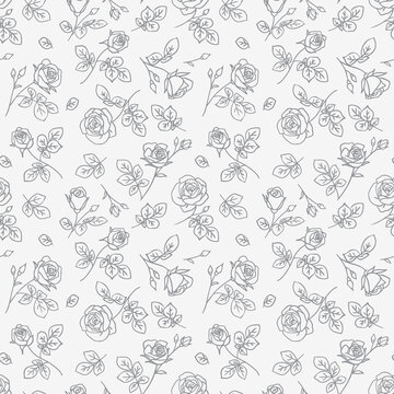Seamless pattern with abstract garden roses, with stems, buds and leaves silhouette. Background with blossoming gray outline flowers. Vintage floral hand drawn wallpaper. Vector stock illustration.