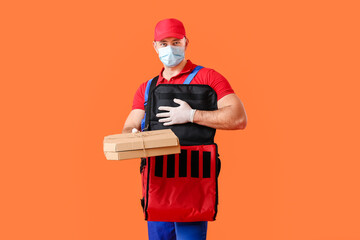 Courier of food delivery service on color background