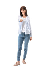 Beautiful woman showing thumb-up on white background