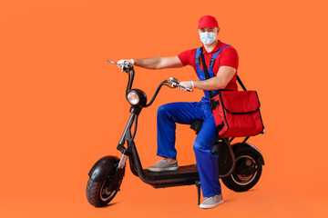 Courier of food delivery service on color background