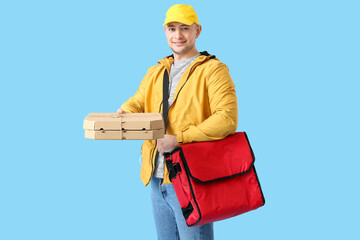 Courier of food delivery service on color background