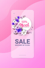 womens day 8 march holiday celebration sale banner flyer or greeting card with flowers vertical vector illustration