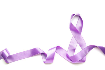 Figure 8 made of violet ribbon on white background. International Women's Day celebration