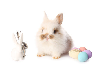 Obraz premium Cute rabbit, decor and Easter eggs on white background