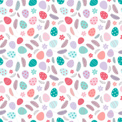 Easter seamless pattern. Decorated Easter eggs on a white background. Design for textiles, packaging, wrappers, greeting cards, paper, printing. Vector illustration