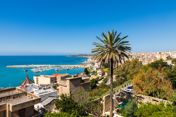 Fototapeta na wymiar Italy, Sicily, Agrigento Province, Sciacca. View of the harbor and coastline of Sciacca, on the Mediterranean Sea.